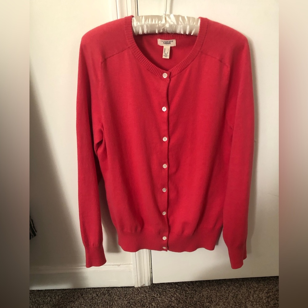 Lands End Canvas fine gauge dark pink button down cardigan.